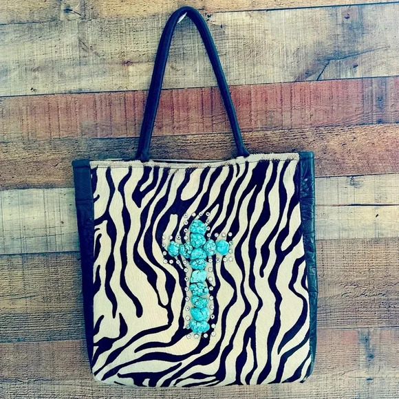Kurtmen Designs Cowhide W Turquoise Nugget and Crystal Tote Bag